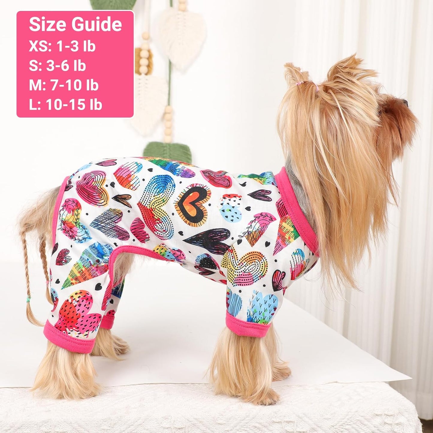 Dog Pajamas Small Sized Dogs Stretchable Summer Dog Clothes Pjs 4 Legs Girl Boy Cute Soft Puppy Outfits Doggie Cat Jammies Jumpsuit Sleeper for Pet (Love Heart, X-Small)