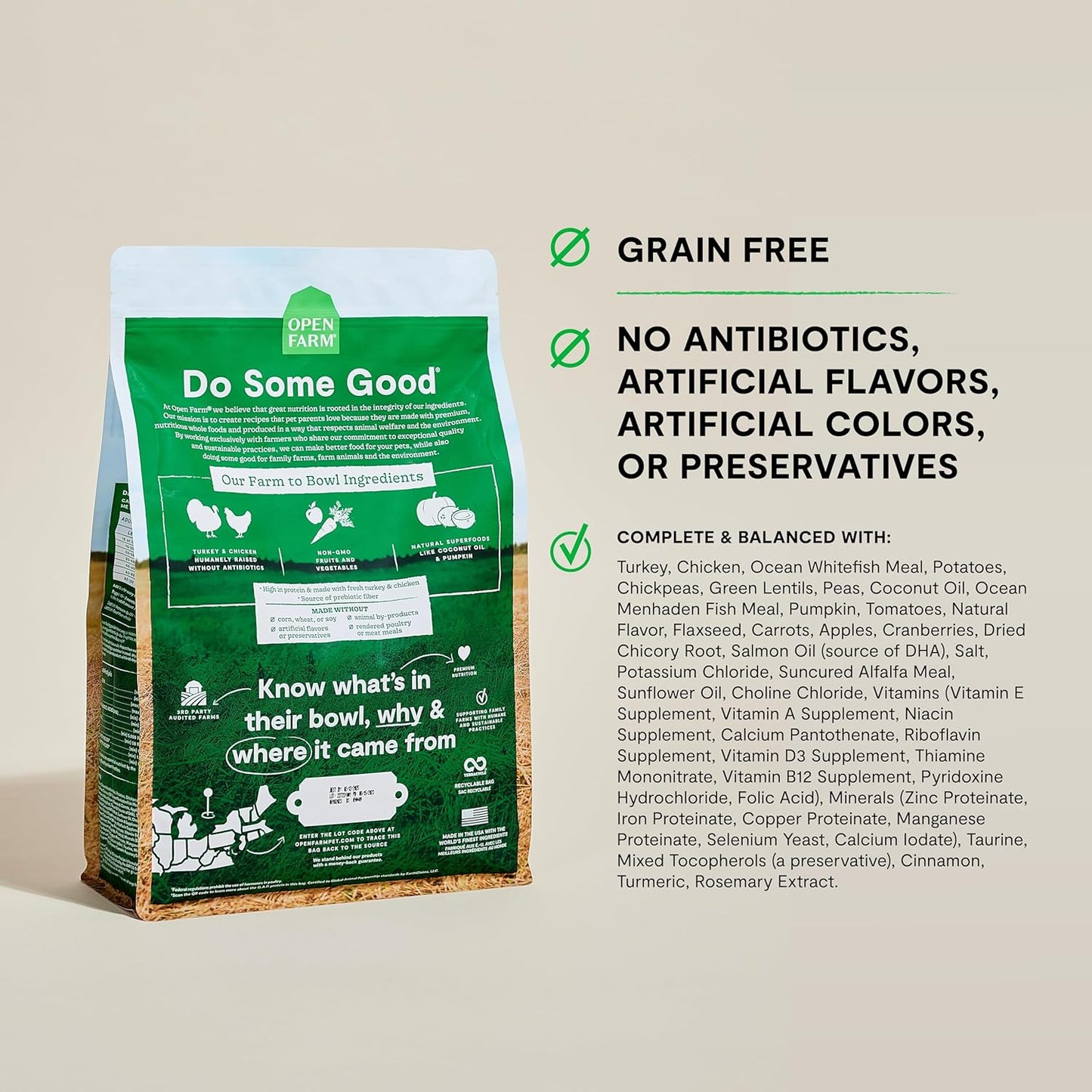 Open Farm, Grain-Free Dry Dog Food, Complete & Balanced Kibble, Sustainably & Ethically Sourced Ingredients, Non-GMO Veggies & Superfoods to Support Overall Health, Turkey and Chicken Recipe, 11lb Bag