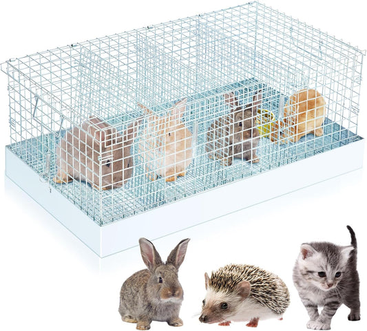 Folding Rabbit Cage, 28 x 16 x 12 in Portable Bunny Carrier with Tray and Handles for Transport, Travel or Temporary Housing, Indoor Outdoor Pet Habitat Animal Enclosure