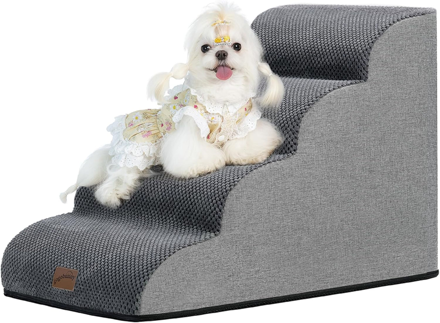 GoGoBunny Waterproof High Density Foam Curved Dog Stairs for High Beds Couches 19.7" H, 4-Step Ramp Dog Steps Friendly to Small Medium Dogs or Pets Joints, Non-Slip Balanced Durable Pet Step, Grey