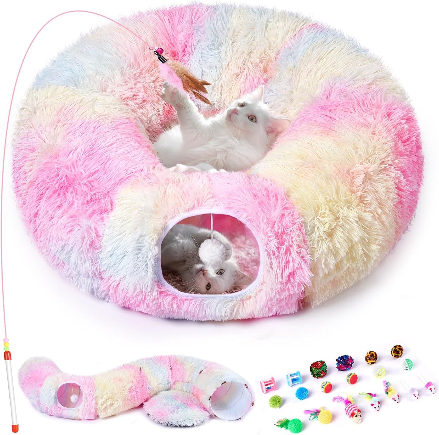 Odoland Cat Tunnels Bed with 20 Cat Toys for Indoor Cats, Plush Cat Couch Tunnel Bed for Kitten, Cat Cave Donut Tunnel - Detachable Soft Cat Bed and Variety Kitty Toy Set, Pink