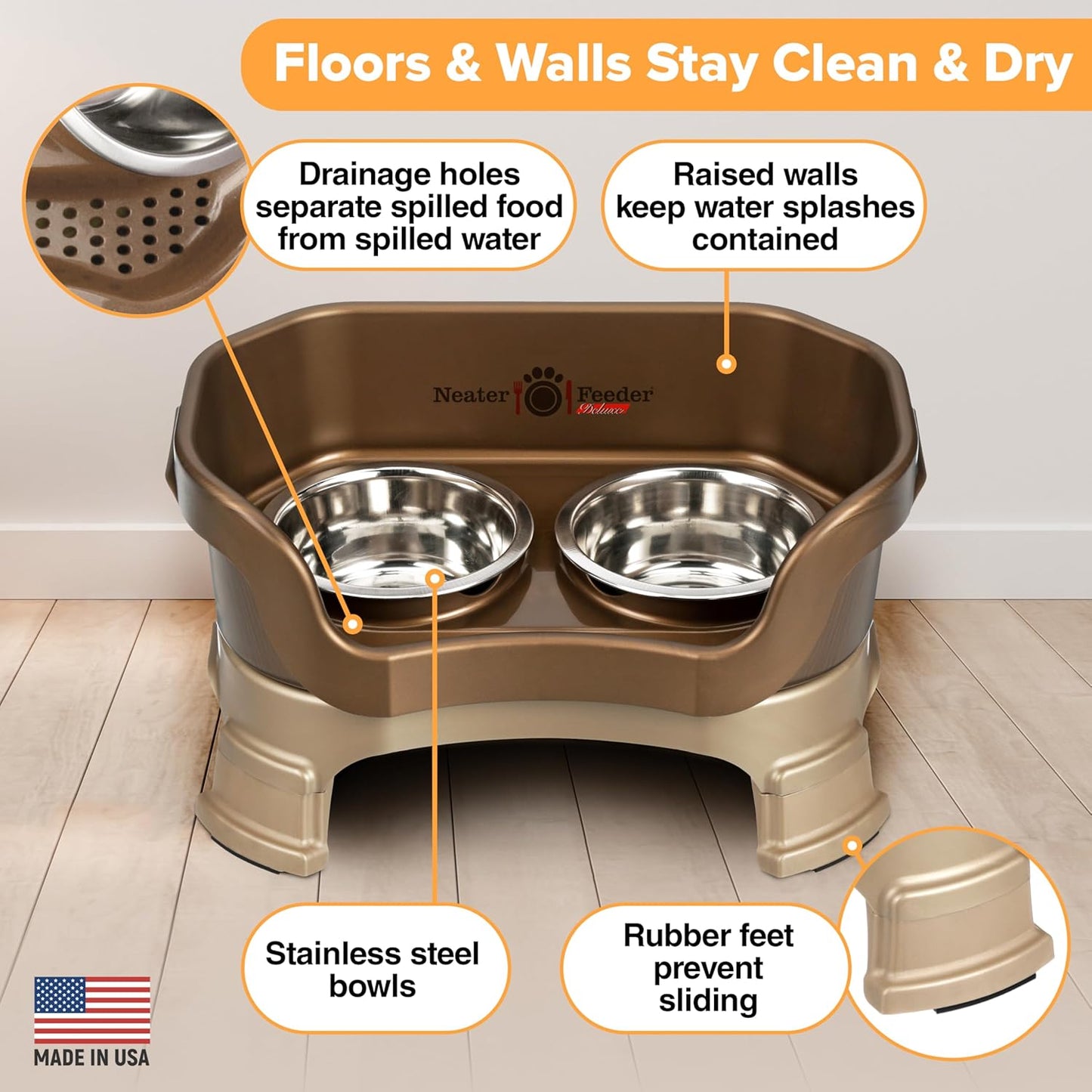 Neater Feeder Deluxe Mess Proof Dog Bowls Elevated for Small Breeds – Made in USA – No Spill Raised Dog Food Bowl Stand w/Leg Extensions – Stainless Steel Dog Food and Water Bowl Set – Bronze