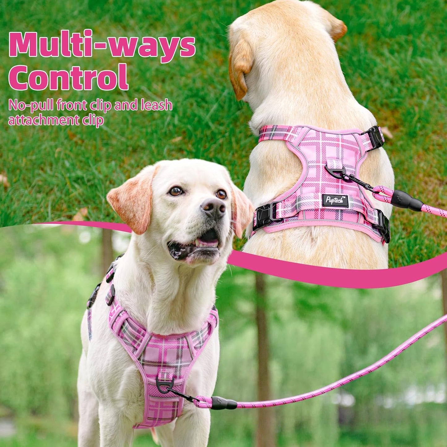 PUPTECK No Pull Dog Harness Small Sized, Adjustable Reflective Dog Harness with Handle Easy Control, Comfortable Soft Padded Pet Vest Harness for Small Dogs, Plaid Pink S