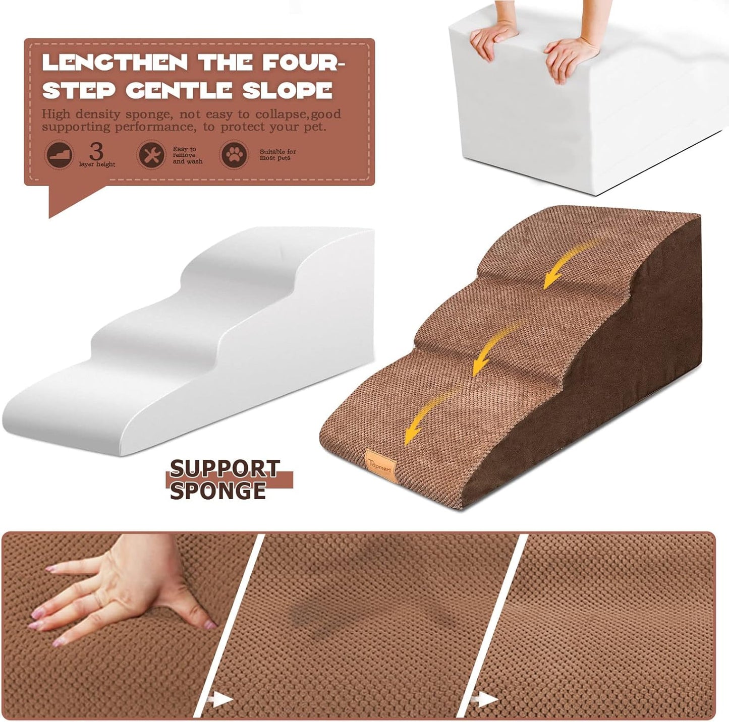 Topmart High Density Extended Foam Dog Ramp&Steps 3 Tiers,15.7" High,Non-Slip Dog Stairs with Waterproof Cover,Soft Foam Pet Ladder,Best for Injured,Older Cats,Pets with Joint Pain