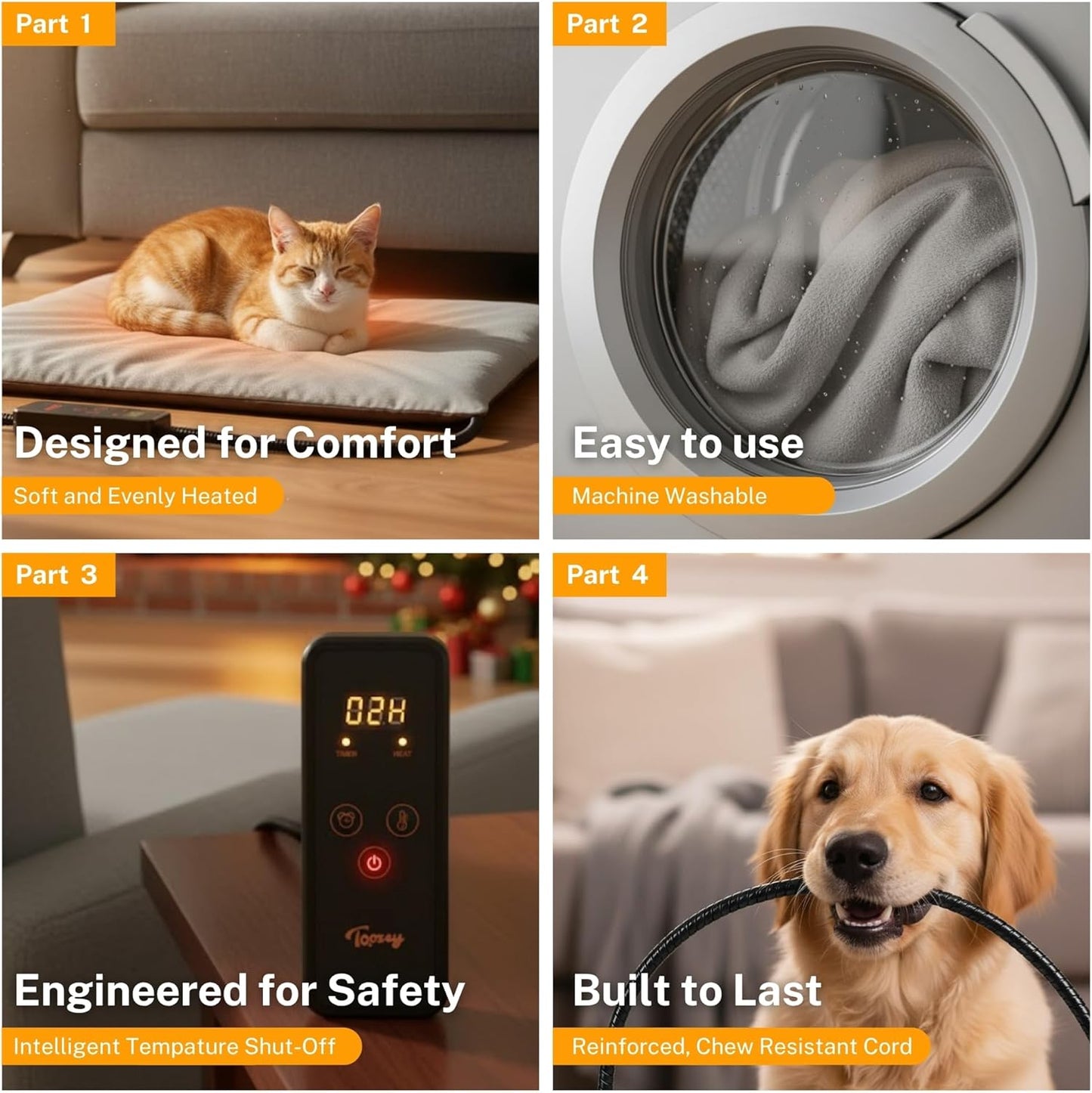 Toozey Medium Pet Heating Pad, 28x20 in, 6 Temp Settings, Timer, Waterproof, Chew-Resistant Cord, for Dogs and Cats