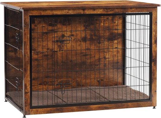 DWANTON Dog Crate Furniture with Cushion, Wooden Kennel Table with Double Doors, Indoor Dog House, Extra Large Size, 43.3" L, Rustic Brown