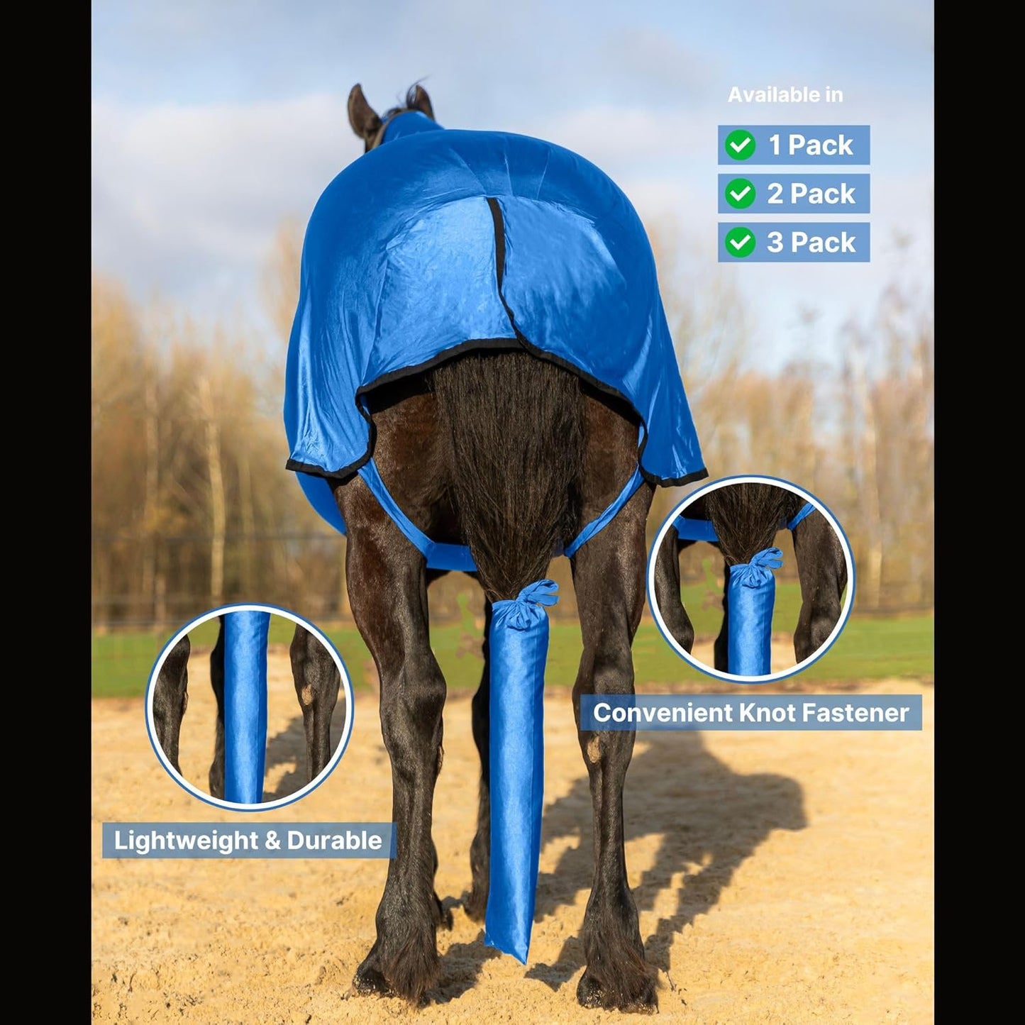 RESISTANCE Spandex Horse Tail Bag Only for Horses - 23"x10" Ties, Nylon Material - to Keep The Horse Tail Clean and Protected - Royal Blue (Pack of 3)