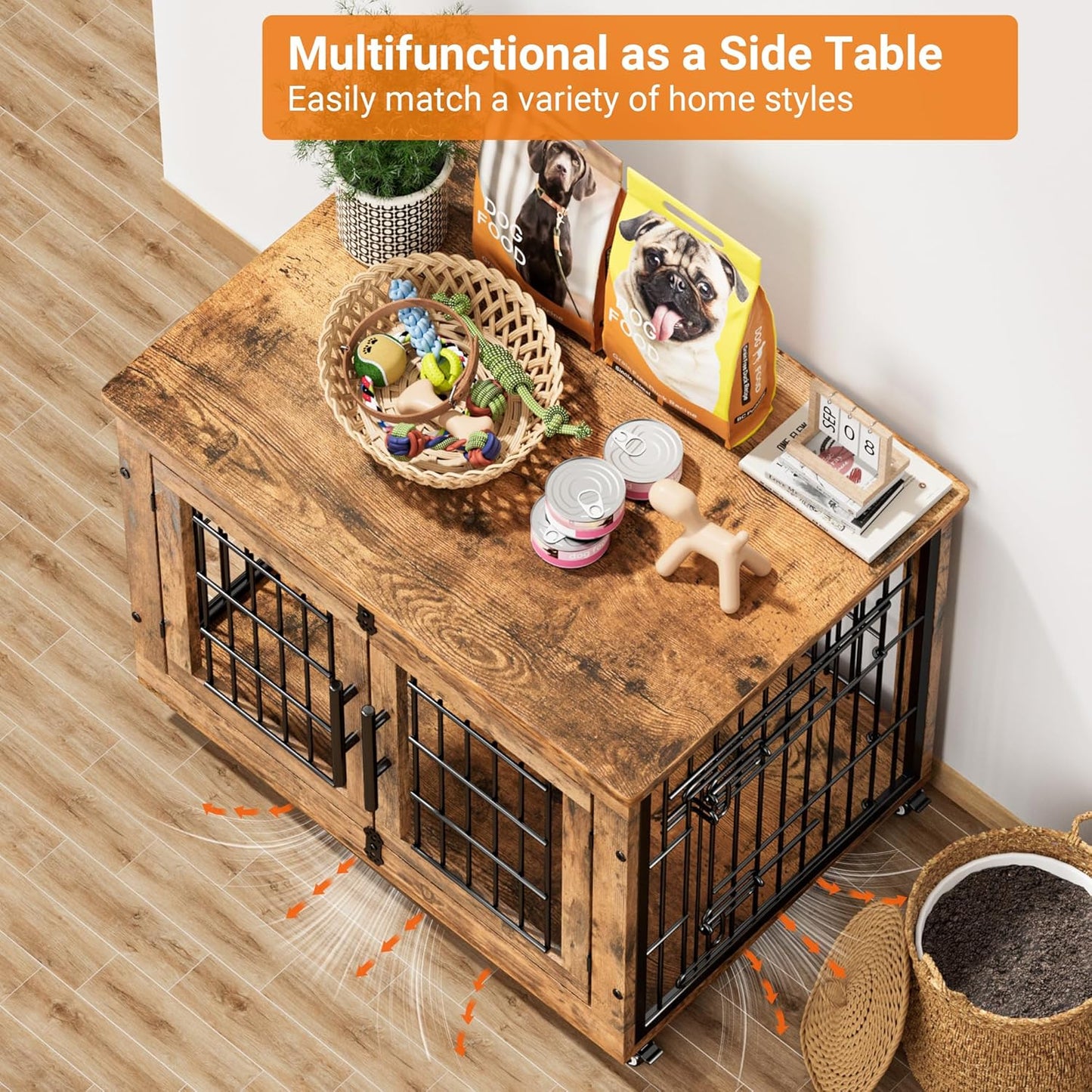 Lulive Dog Crate Furniture Set of 2, Dog Kennel Indoor Double Doors Wooden Dog Cage, 32'' Heavy Duty Dog Crate with Cushion & Wheels, End Table Pet House Chew-Resistant Up to 45 lb, Rustic Brown