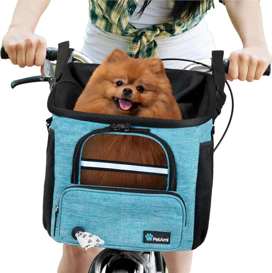PetAmi Dog Bike Basket, Soft-Sided Ventilated Dog Bike Carrier Backpack, Pet Bicycle Basket for Bike Handlebar, Small Medium Puppy Cat Kitten Car Booster Seat with Safety Strap, Max 18 lbs, Blue