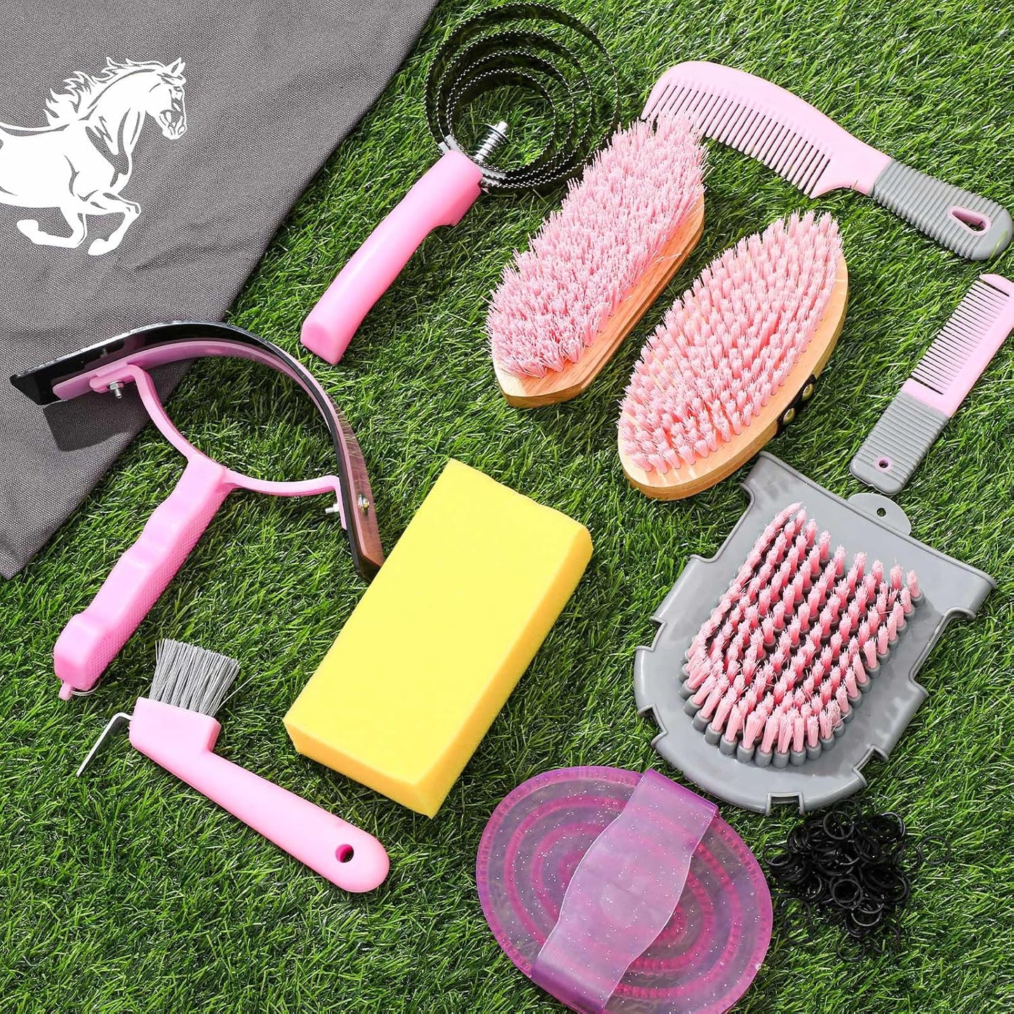 Abbylike 12 Pieces Horse Grooming Kit Racing Festival Tack Room Supplies Horse Brush Sets Equine Care Cleaning Kit Shedding Grooming Massaging Tools(Pink and Grey)