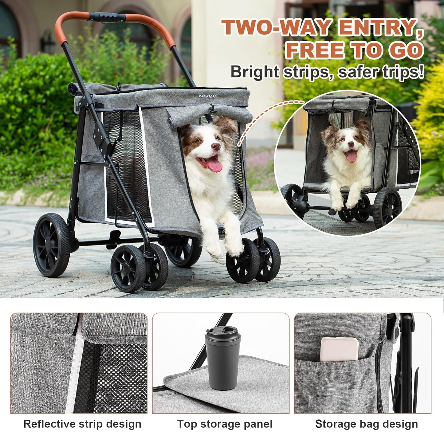 Medium Dog Stroller, Dual Entry One-Touch Folding,Small and Medium Pet Stroller,360° Rotating Front Wheels,70 lbs Weight Capacity for Outdoor Travel and Elderly Dogs - Gray