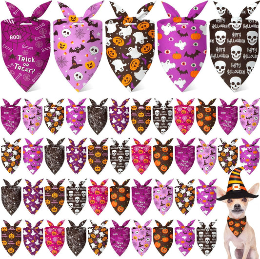 Weewooday 50 Pcs Halloween Dog Bandanas Bulk Pumpkin Ghost Bandanas for Dogs Soft Triangle Bibs Adjustable Triangle for Small Medium Large Pets Halloween Party Costume(25.6 x 17.7 x 17.7 inch)
