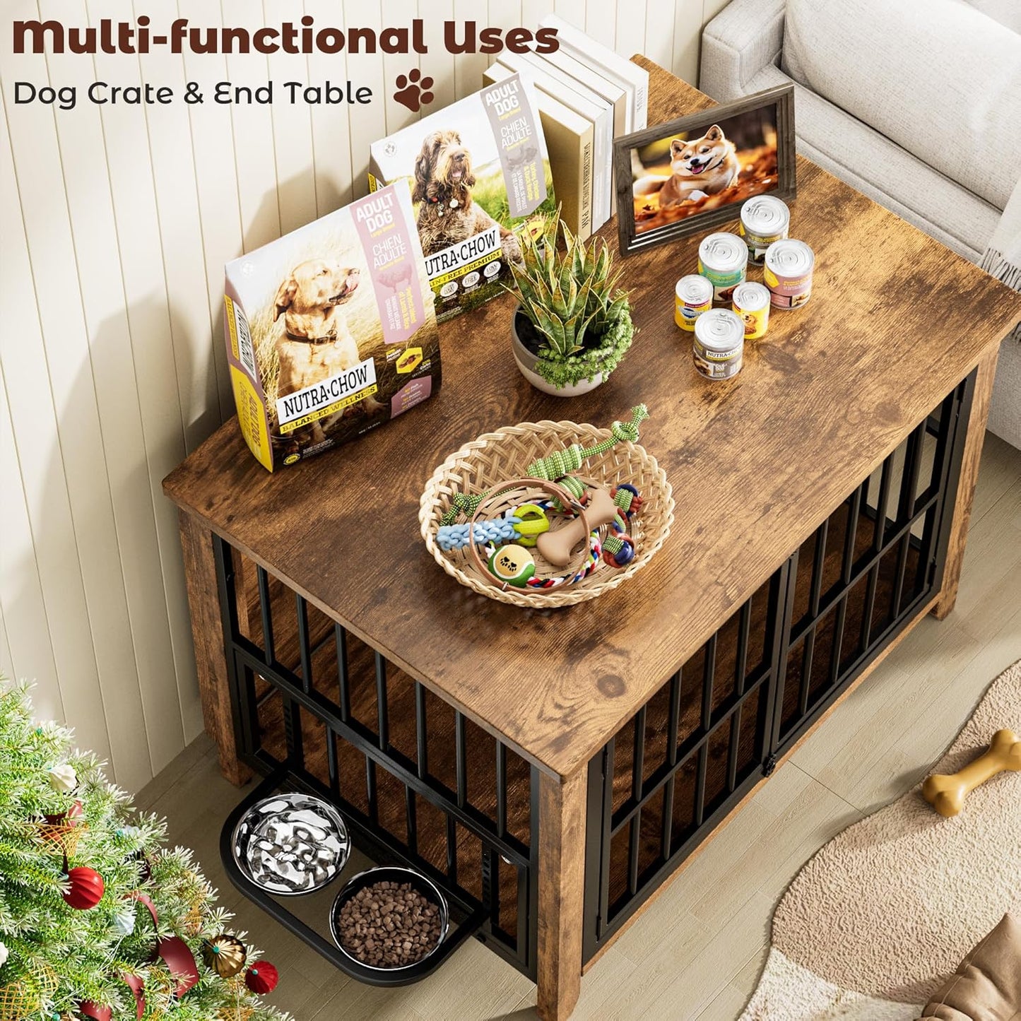 Lulive Dog Crate Furniture, Wooden Dog Kennel Indoor with Adjustable 360°& Height Dog Bowls, Double Doors Furniture Dog Crates End Table for Small/Medium 31.5" L*22.5" W*25.6" H, Brown