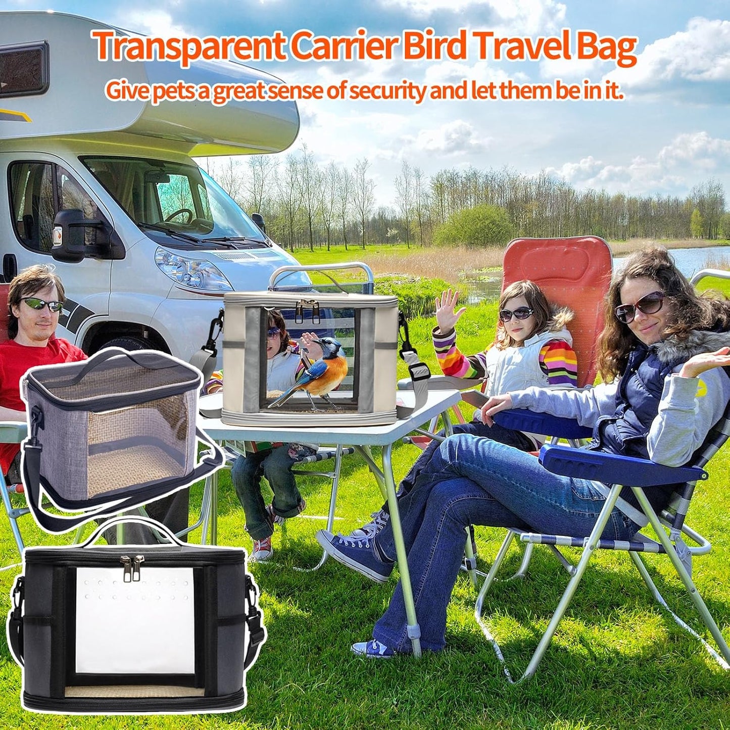 Bird Travel Carrierm, Small Bird Travel Backpack Carrier Cage with Tray and Breathable Clear Window, for Parakeet Cockatiel Budgies, for Camping Hiking (Large-Black)