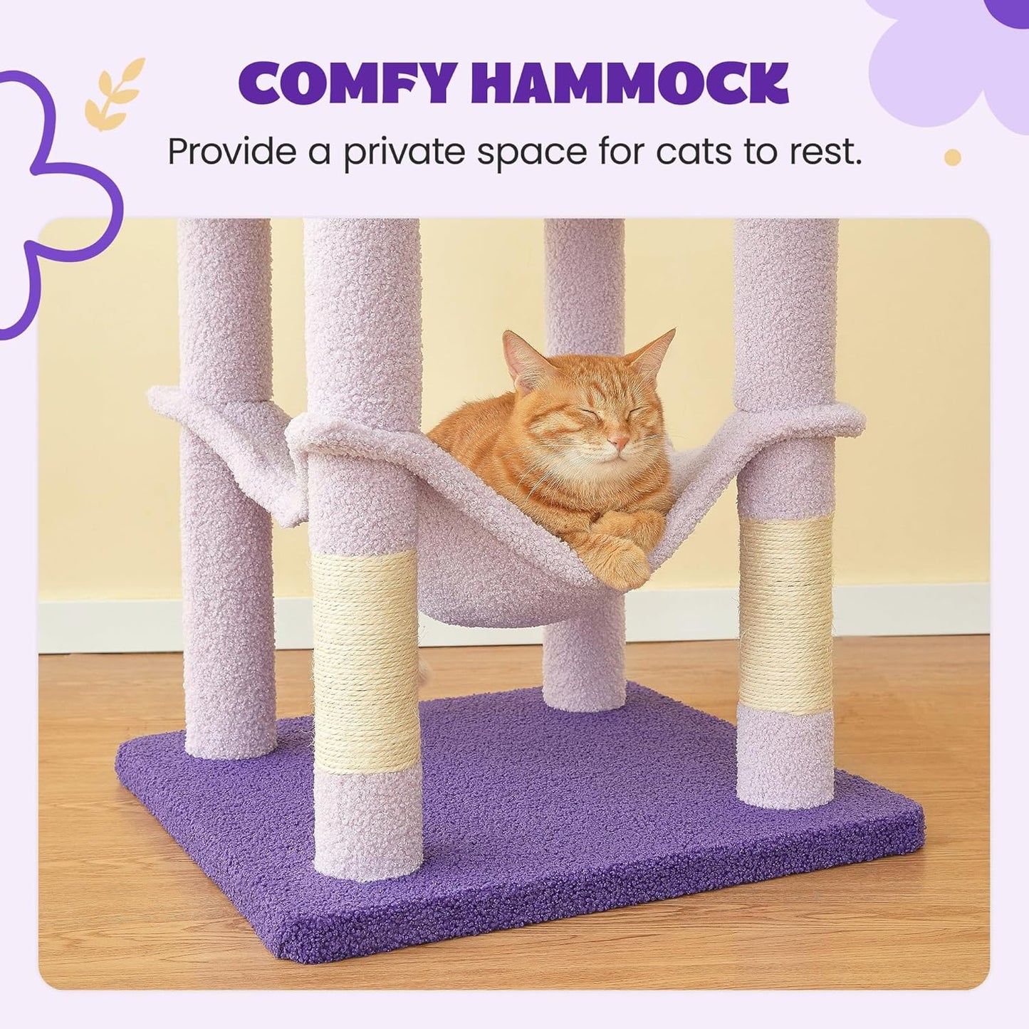MWPO Flower Cat Tree for Indoor Cats, 63.8 Inches Multi-Level Cat Tower with Sisal-Covered Scratching Posts, Padded Platform, Hammock, Dangling Toys, Stable Cat Condo Pet Play House