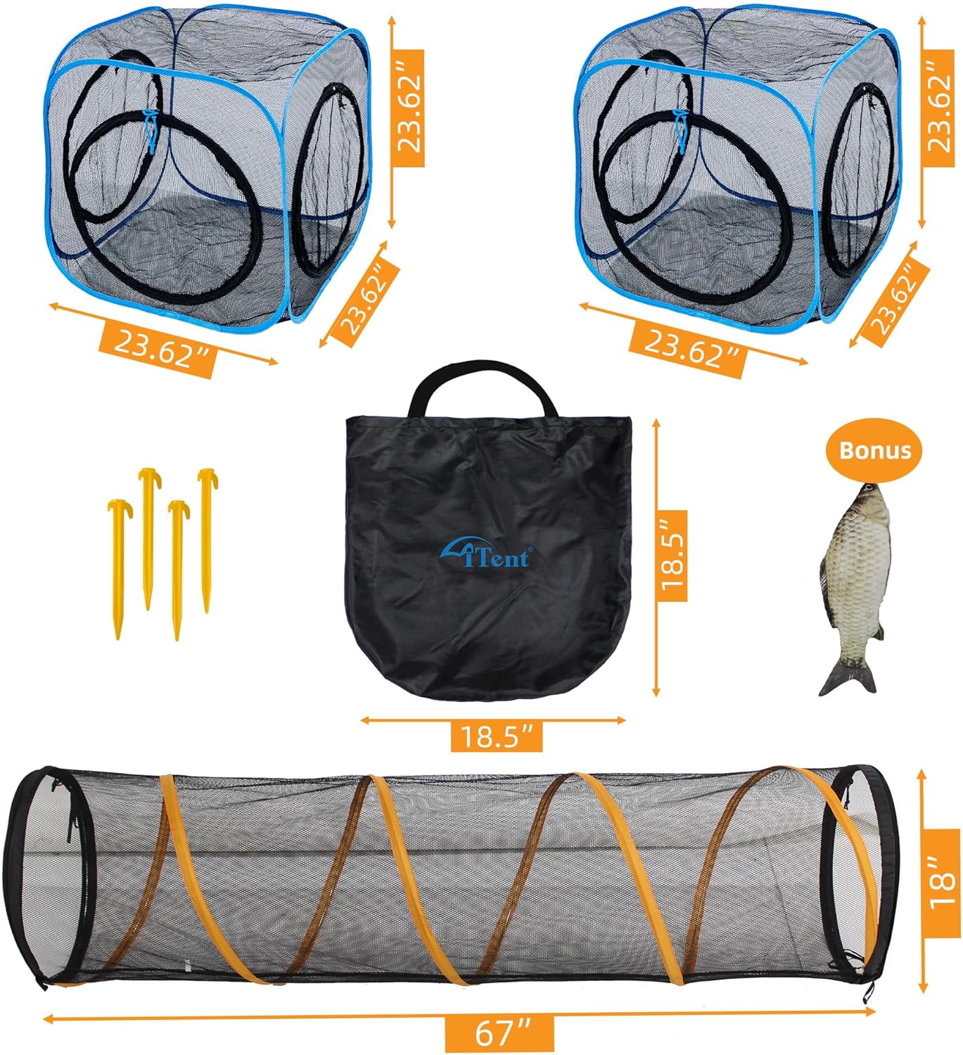 Pet Play Tunnel + Cube(with Three Ways) for Indoor and Outdoor, Kitty Play House, Cat Enclosures, Collapsible Cat Tent, Cage, Kitten Toys Easy to Connect with Kitty Tent（2 Cubes + Run Tunnel）