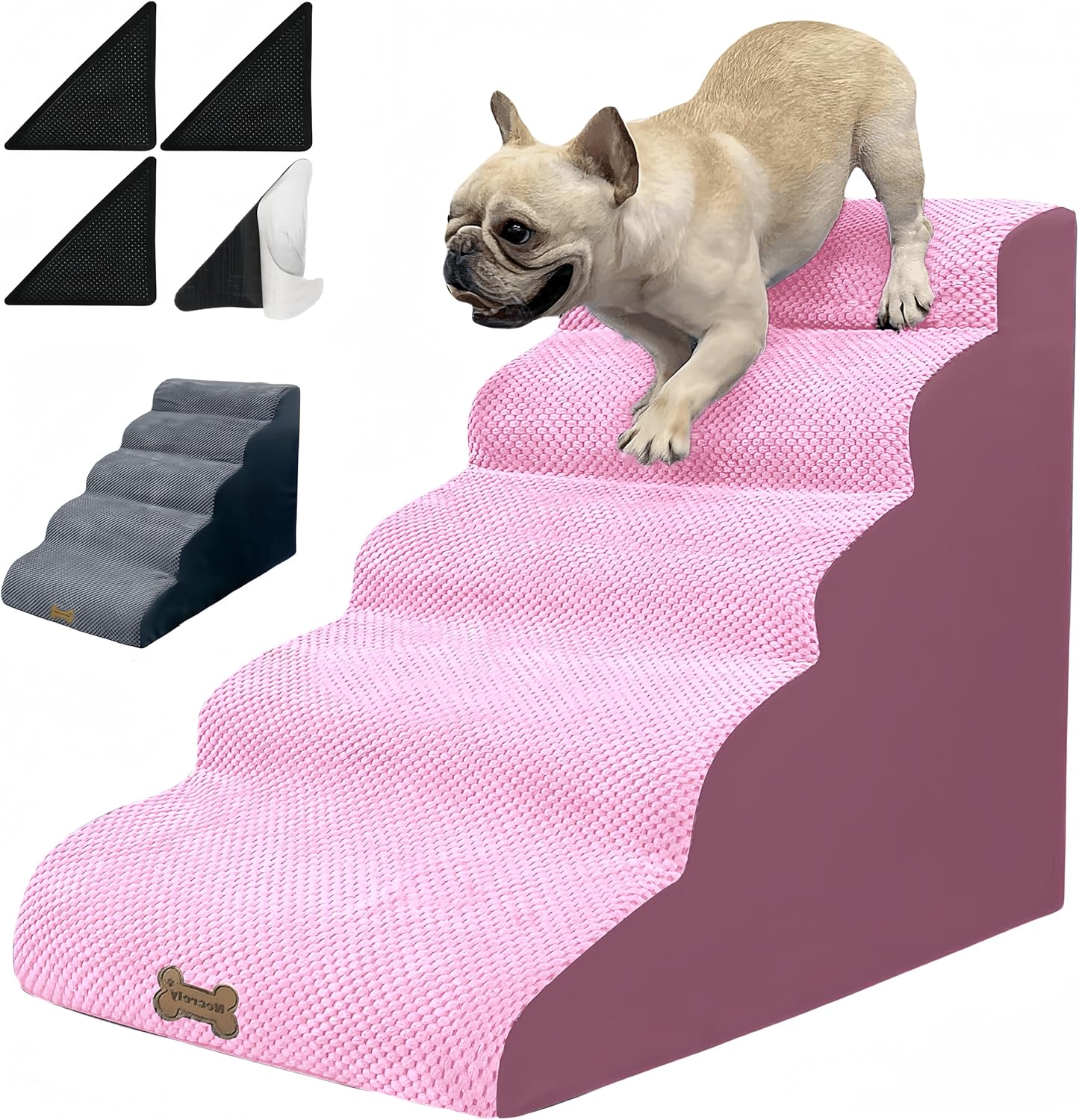 Dog Stairs & Pet Ramp for Small/Large Dogs to High Beds/Couches - 5 Steps 24-inch Height for 18-30 inch Furniture, 2 Washable Covers (Pink, Grey), Non-Slip Balanced 33D Design for Old Dogs & Cats