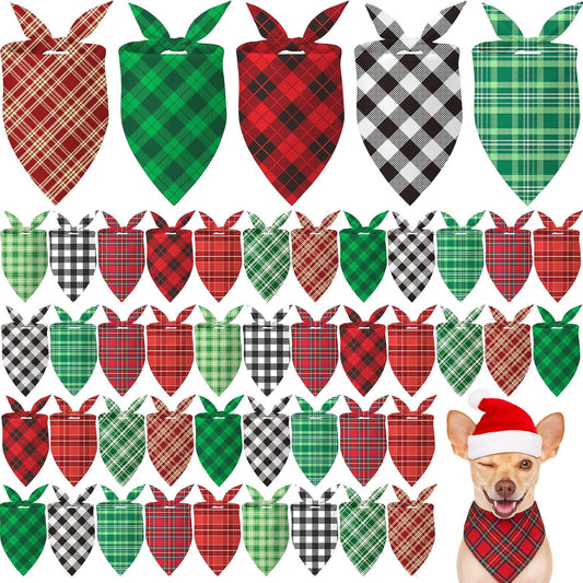Weewooday 50 Pcs Christmas Dog Bandanas Bulk Xmas Red Green Buffalo Plaid Bandanas for Dogs Soft Bibs Adjustable Triangle Scarf for Small Medium Large Pets Costume (31.5 x 21.7 x 21.7 Inch)