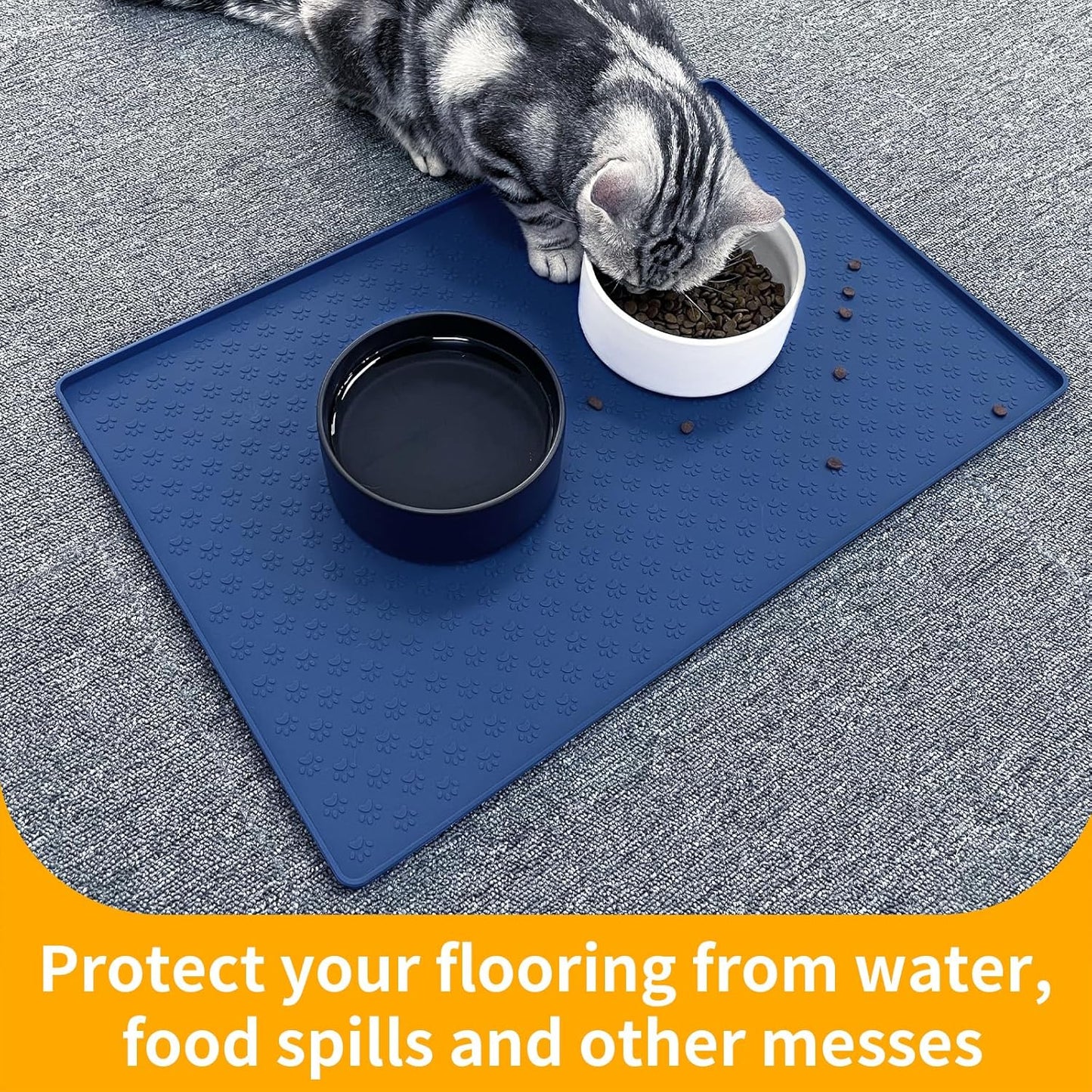 Ptlom Silicone Pet Placemat for Dog and Cat, Waterproof Non-Slip Pet Feeding Bowl Mats for Food and Water, Small Medium Large Tray Mat Prevent Residues from Spilling to Floor, Navy Blue, 18" 12"
