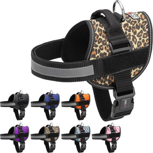 Dogline Dog Harness, Reflective No-Pull Adjustable Vest with Handle for Walking, Training, Breathable, No - Choke Harness for Small, Medium or Large Dogs Room for Patches Leopard Brown S 18"-24"
