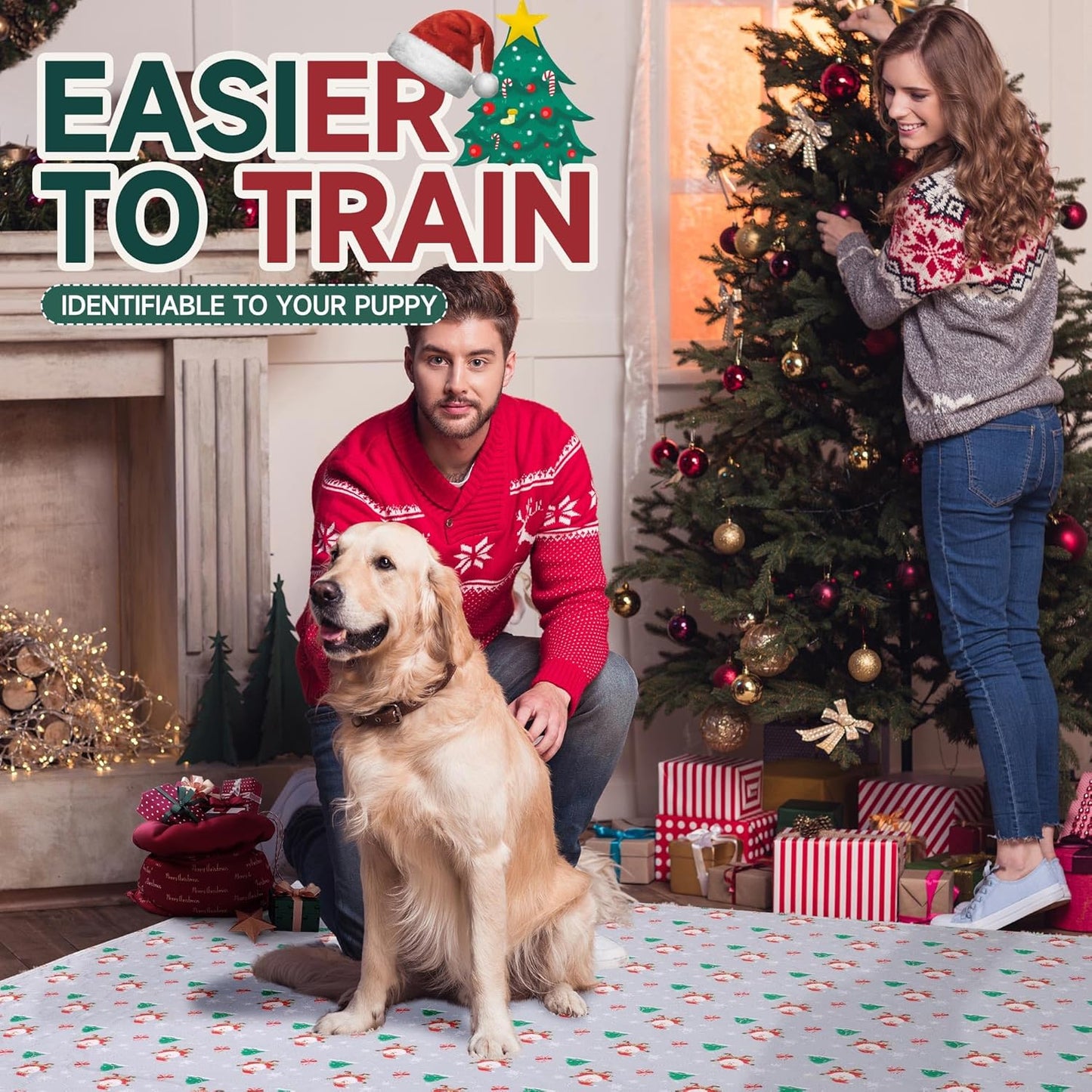 Aitmexcn Christmas Washable Pee Pad for Dogs, 2PCS 48x48in Xmas Super Absorbent Reusable Puppy Pads Pet Training Pads, Waterproof mats for Playpen, Crate, Whelping Box, Potty Training