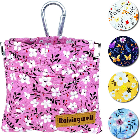 Dog Treat Pouch, Small Cotton Pocket Sized Training Holder, Hand Free Walking Fanny Bag with Carabiner, Self-Closing Pet Feed Snack Reward, Behavior Aids for Puppy Travel or Outdoor Use