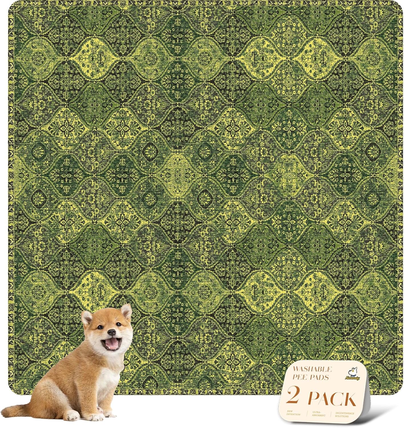 nunubaby Washable Pee Pads for Dogs, Stylish, Non-Slip and Leak-Proof Pee Pads. Reusable Potty Pads for Dogs for Crates and Floors.(Green/Multi, 54" x54")