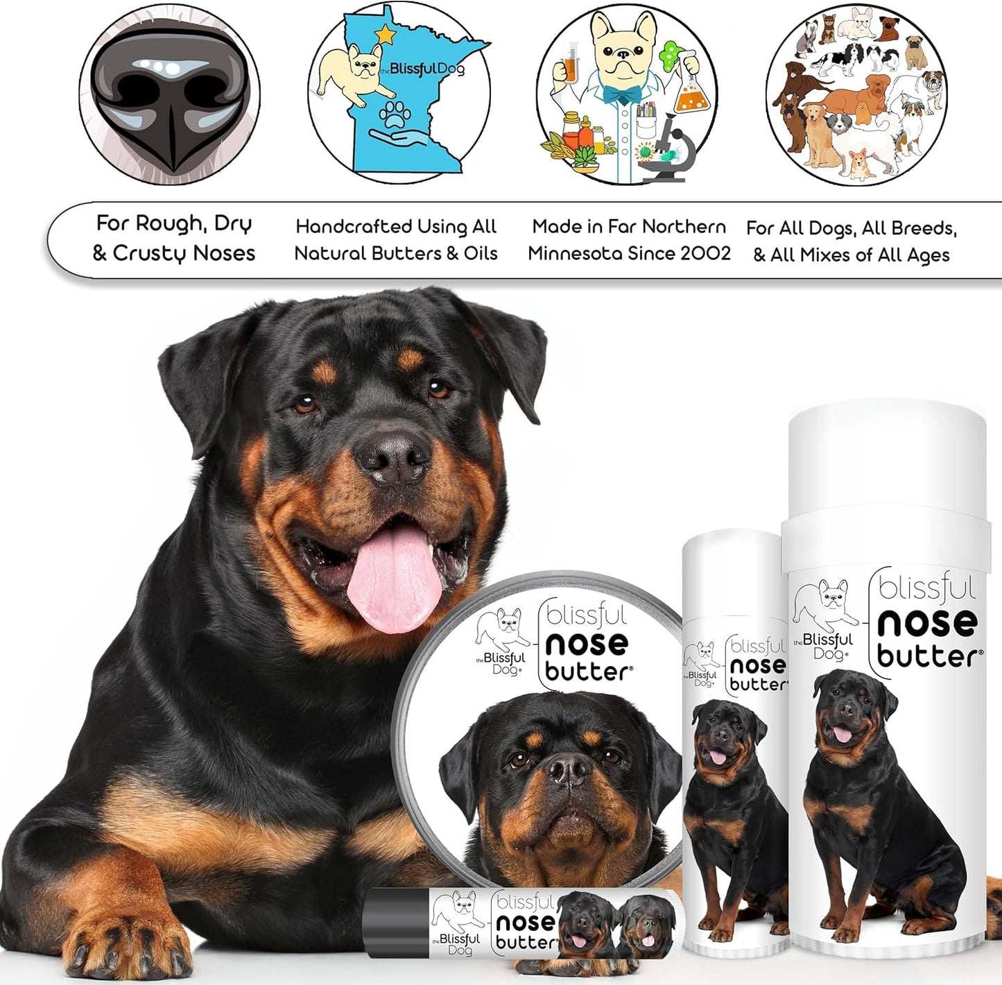 The Blissful Dog Rottweiler Nose Butter for Dry, Cracked Skin, Lick-Safe Dog Nose Balm with Moisturizing Shea Butter, Almond, Olive, and Essential Oils, Pet Supplies, Uncented, 8 oz.