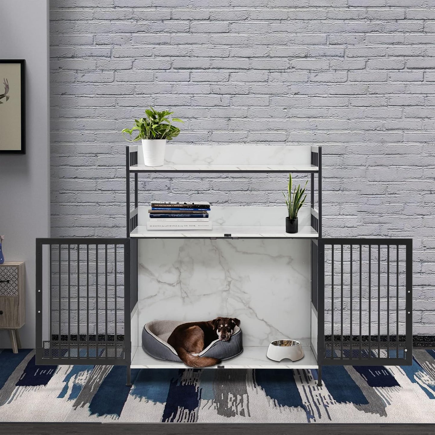 MCombo Furniture Style Dog Crate with Storage Shelves, Heavy Duty Wooden Dog Cage End Table, Triple Doors Pet House Indoor, 1368 (White)