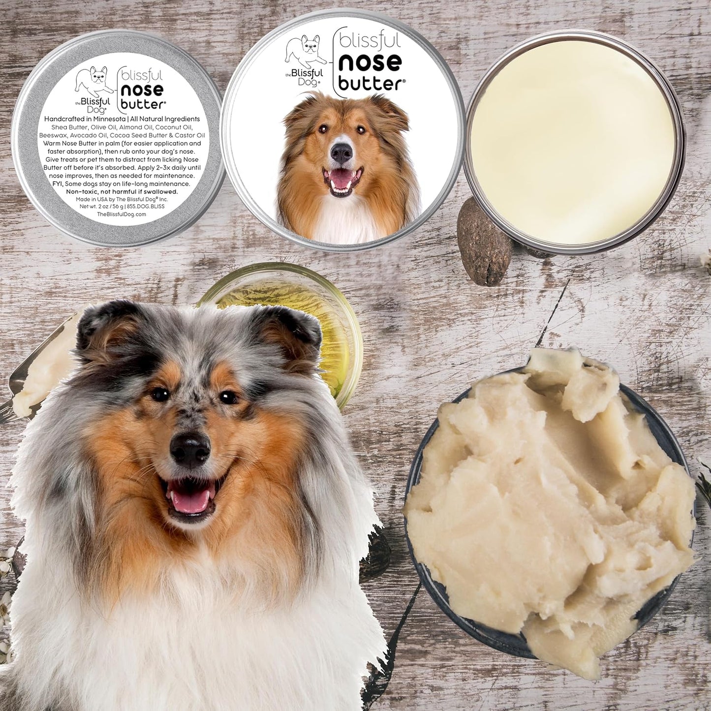 The Blissful Dog Collie Nose Butter for Dry, Cracked Skin, Lick-Safe Dog Nose Balm with Moisturizing Shea Butter, Almond, Olive, and Essential Oils, Pet Supplies, Uncented, 1 oz.