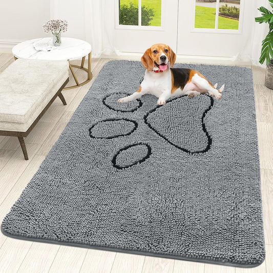 OLANLY Door Mat for Muddy Dog Paws 59x35, Ultra Absorbent Chenille Mud Doormat with Paw Print Design, Non-Slip Washable Doormat for Indoor Entryway, Quick-Dry Pet Bed Mats for Dirty Dogs, Grey