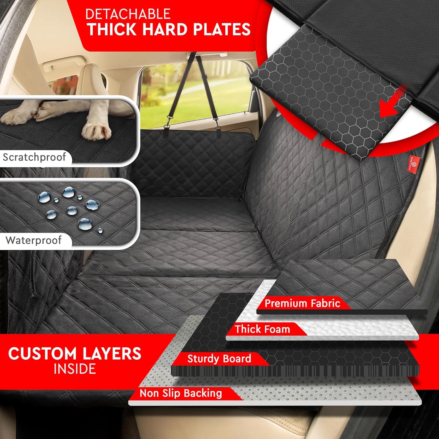 Helteko Back Seat Extender for Dogs - Premium Car Seat Cover with Hard Bottom Holds 400 lbs, Waterproof Hammock for Pet (Black L, for Cars/Mid-Size SUV/Small Truck)