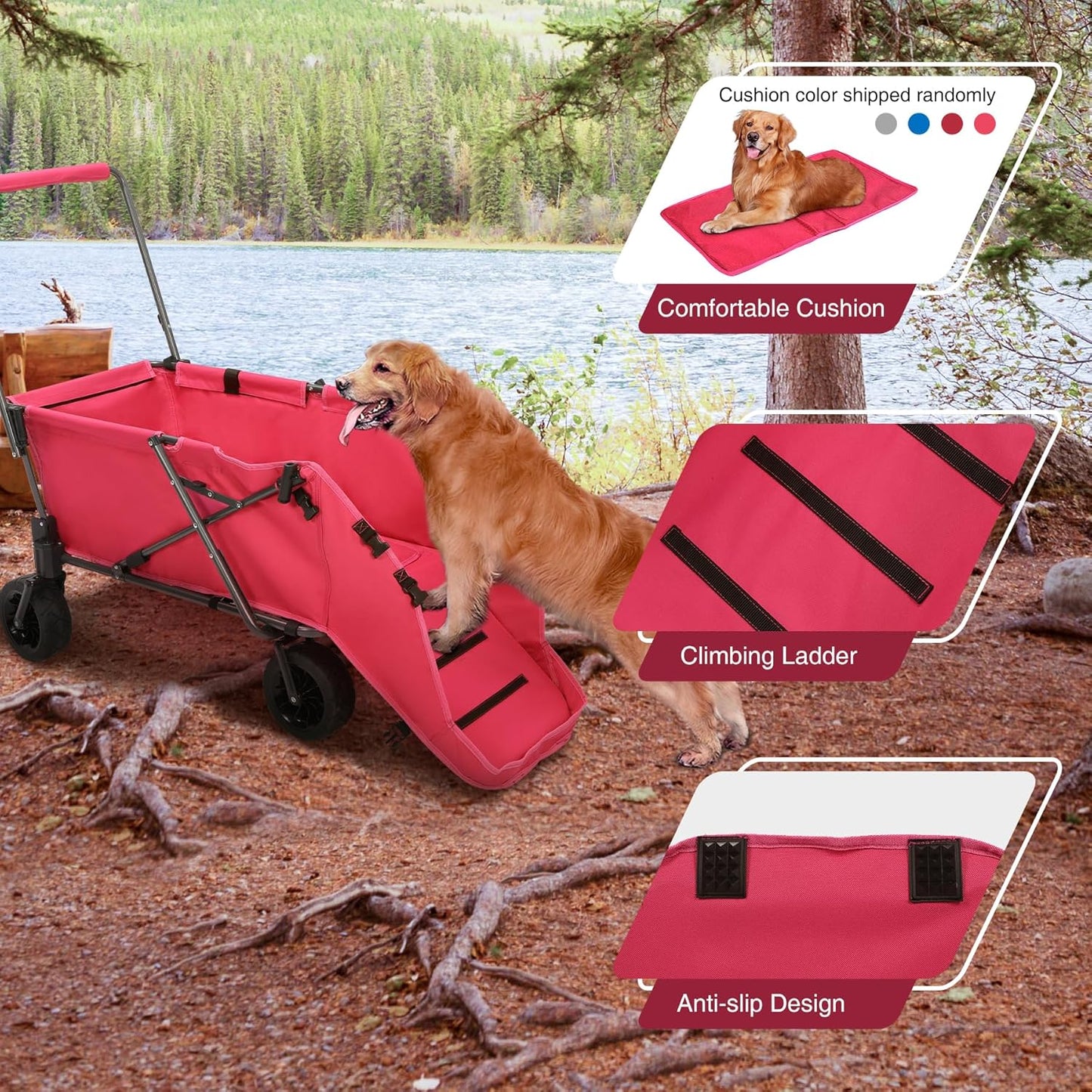 REDCAMP Folding Dog Wagon Cart with Extendable Rear End Heavy Duty, 220L Large Collapsible Utility Cart Dog Stroller with Tailgate for Sports Shopping Pet, Pink