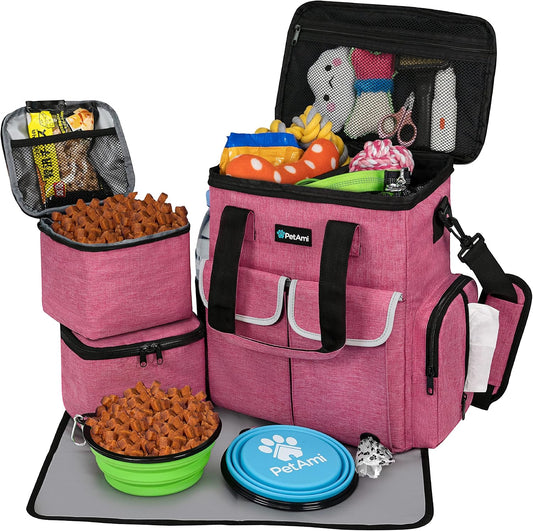 PetAmi Dog Travel Bag Pet Supplies Accessories Organizer for Traveling, Camping, Weekend; Cat Pet Travel Bag Kit Includes 2 Food Storage Containers, 2 Collapsible Bowls, 1 Feeding Mat (Pink)