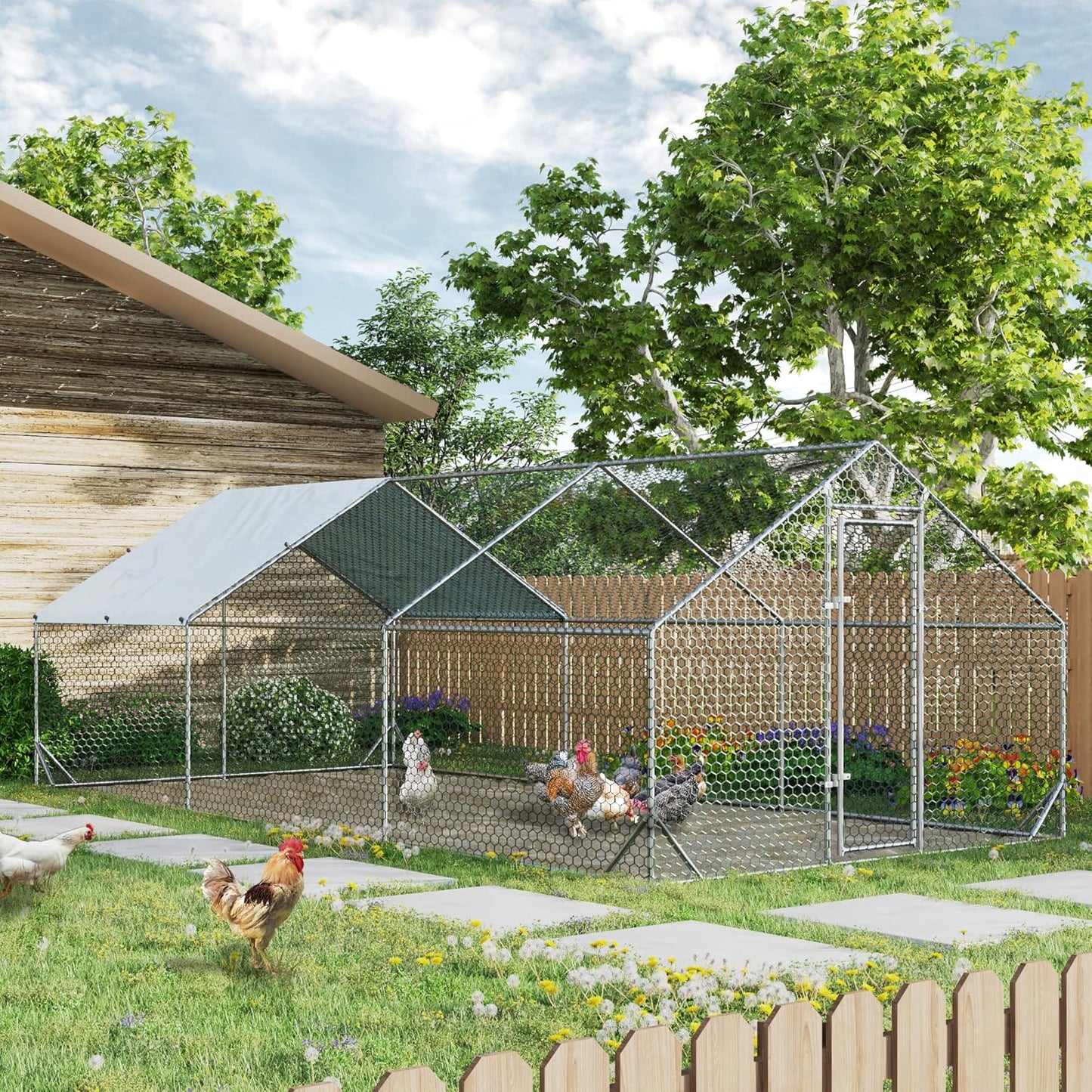 Large Metal Chicken Coop with Run Walk-in Poultry Cage Chicken Runs House Pen Cage Spire Roofed Chicken Coops with Anti-Ultraviolet Cover for Outdoor Yard Farm Use 9.8’L x 19.7’W x 6.4’H