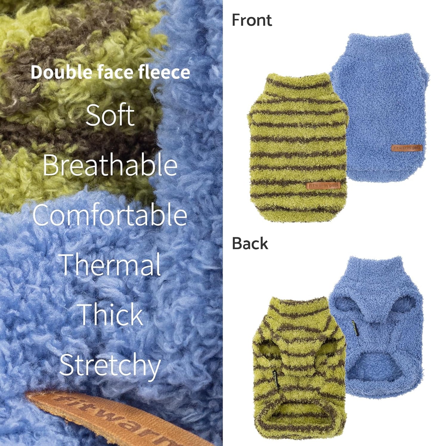 Fitwarm 2 Pack Striped Fleece Dog Sweater, Warm Winter Clothes for Small Dogs Boy Girl, Fuzzy Pet Outfit, Sky Blue, Olive Green, Large
