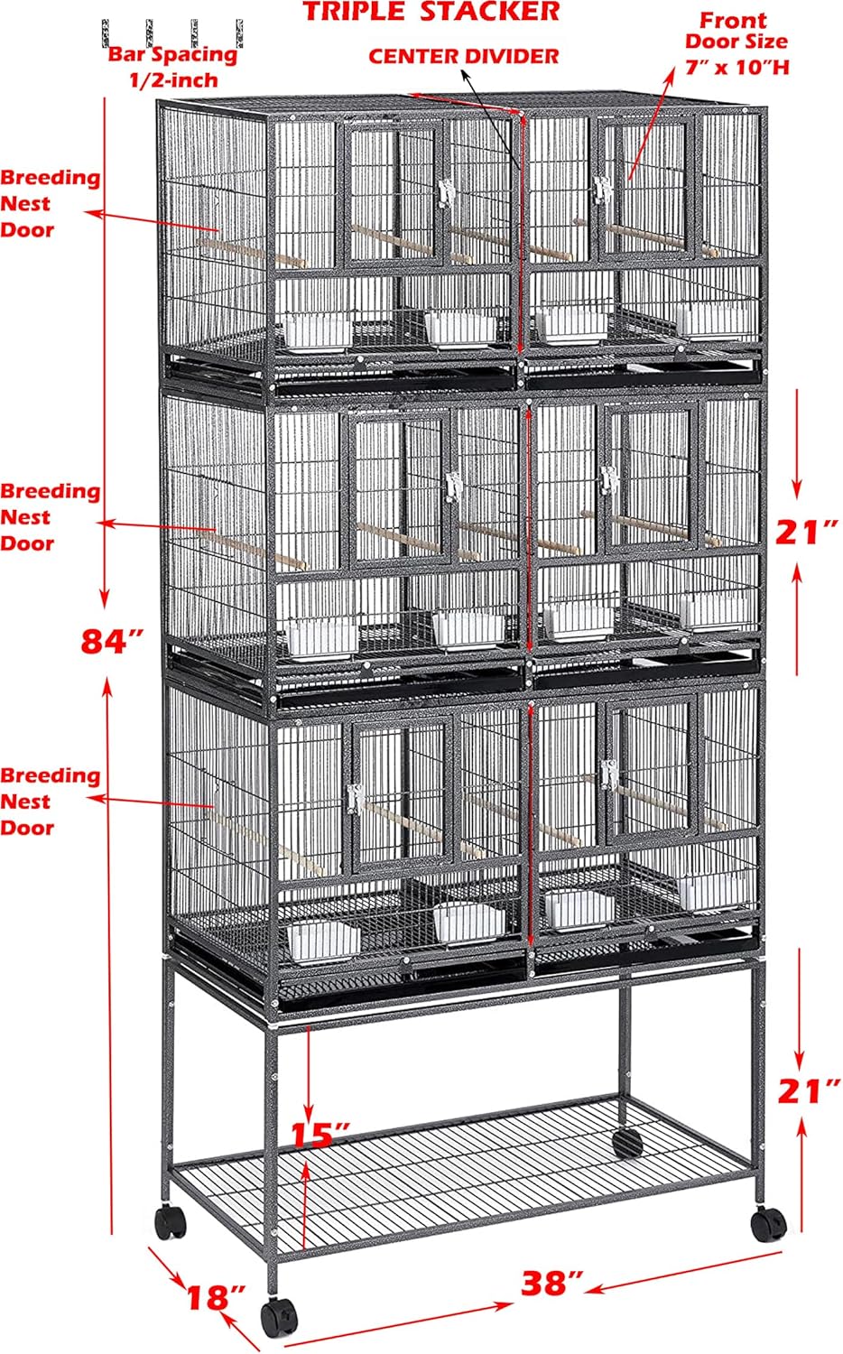 Triple Stackable Center Divided Breeder Breeding Bird Flight Double Rolling Cage Side Nesting Doors Easy Clean Pull Out Tray for Aviaries Canaries Cockatiels Lovebirds Finches Budgies Small Parrots