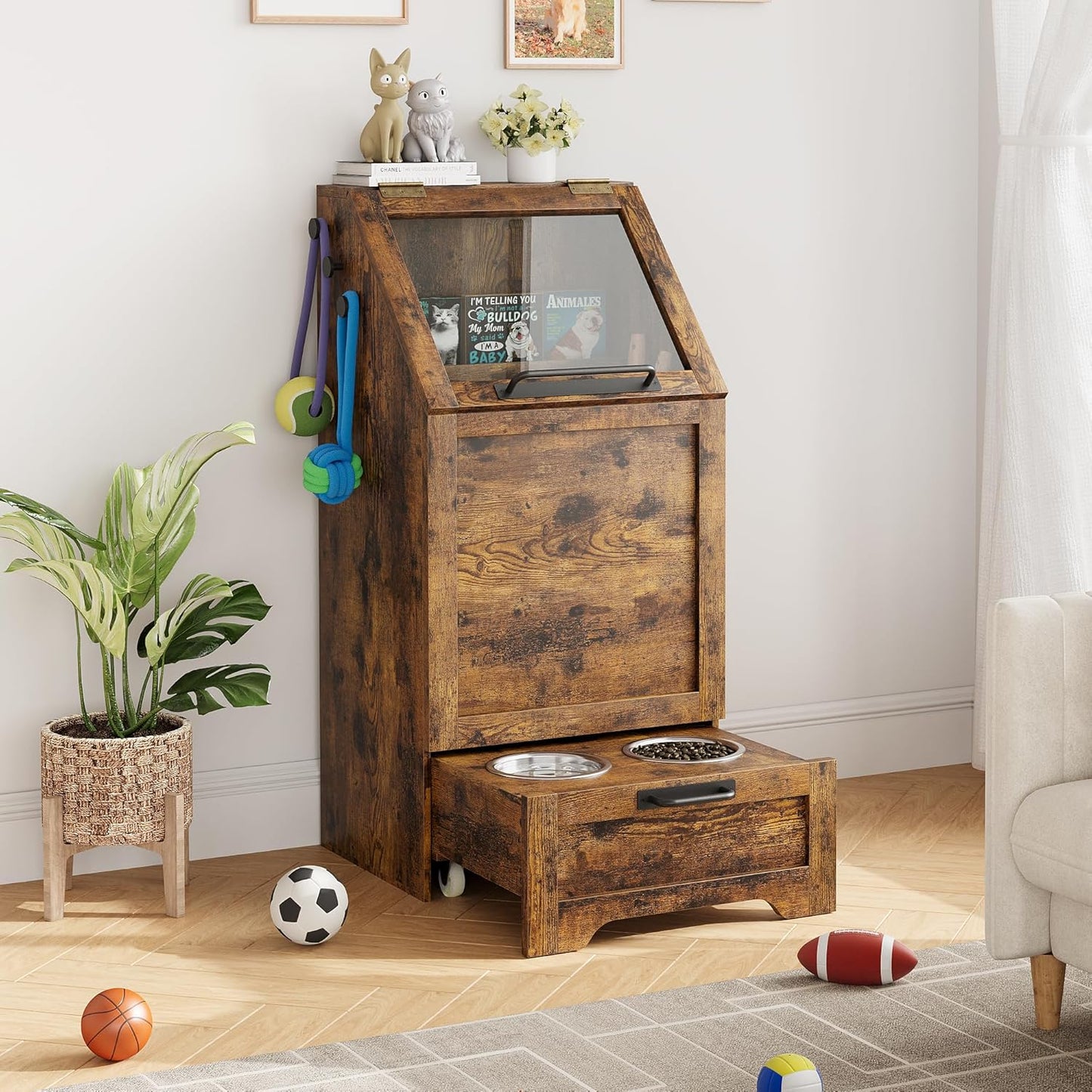 Dog Feeding Station with Storage - Large Capacity Dog Food Storage Cabinet with 2 Removable Stainless Steel Bowls, Flip Top Pet Food Container Toy Storage Organizer - Brown