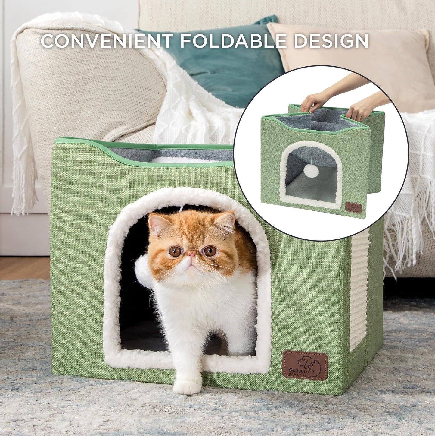 Bedsure Cat Beds for Indoor Cats - Large Cat Cave for Pet Cat House with Fluffy Ball Hanging and Scratch Pad, Foldable Cat Hideaway, 16.5x16.5x13 inches, Green