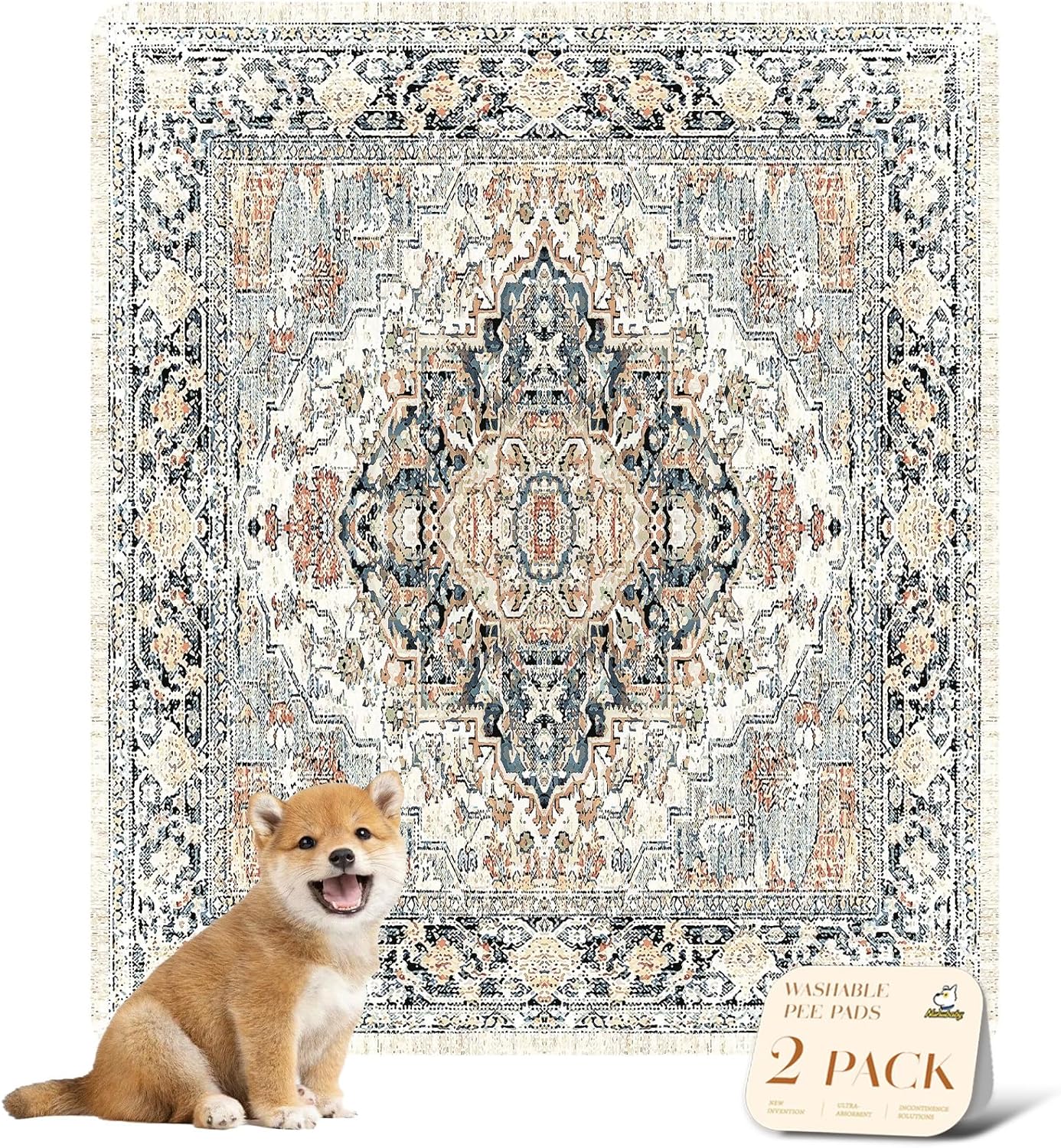 nunubaby Washable Pee Pads for Dogs, Stylish, Non-Slip and Leak-Proof Pee Pads. Reusable Potty Pads for Dogs for Crates and Floors.(Beige/Multi, 31" x36" )