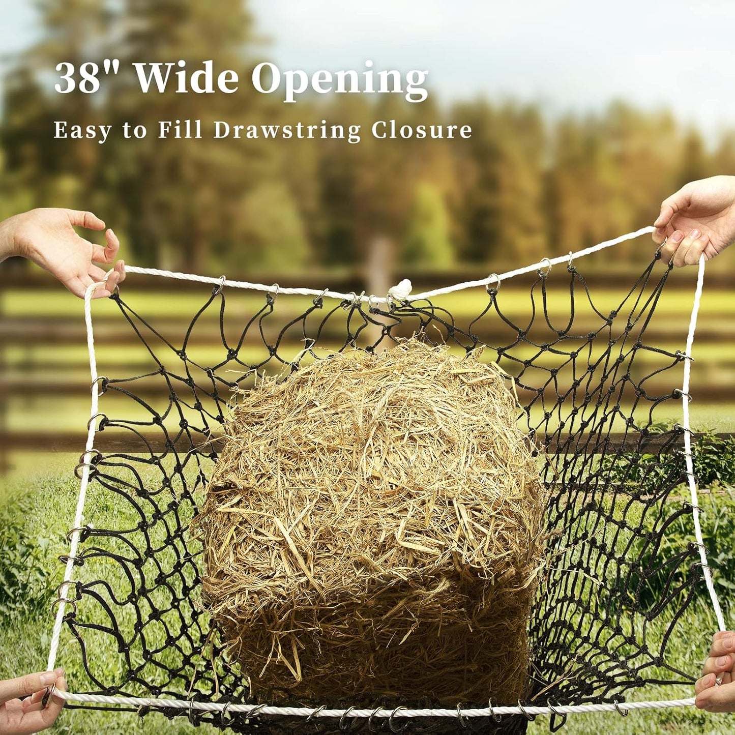 Bloomoak Slow Hay Net Feeder for Horses, Durable Soft Black PE 2String Hay Bales Bags with 2" Hole, Fit 36 * 18 * 18" Square Bale Easily…