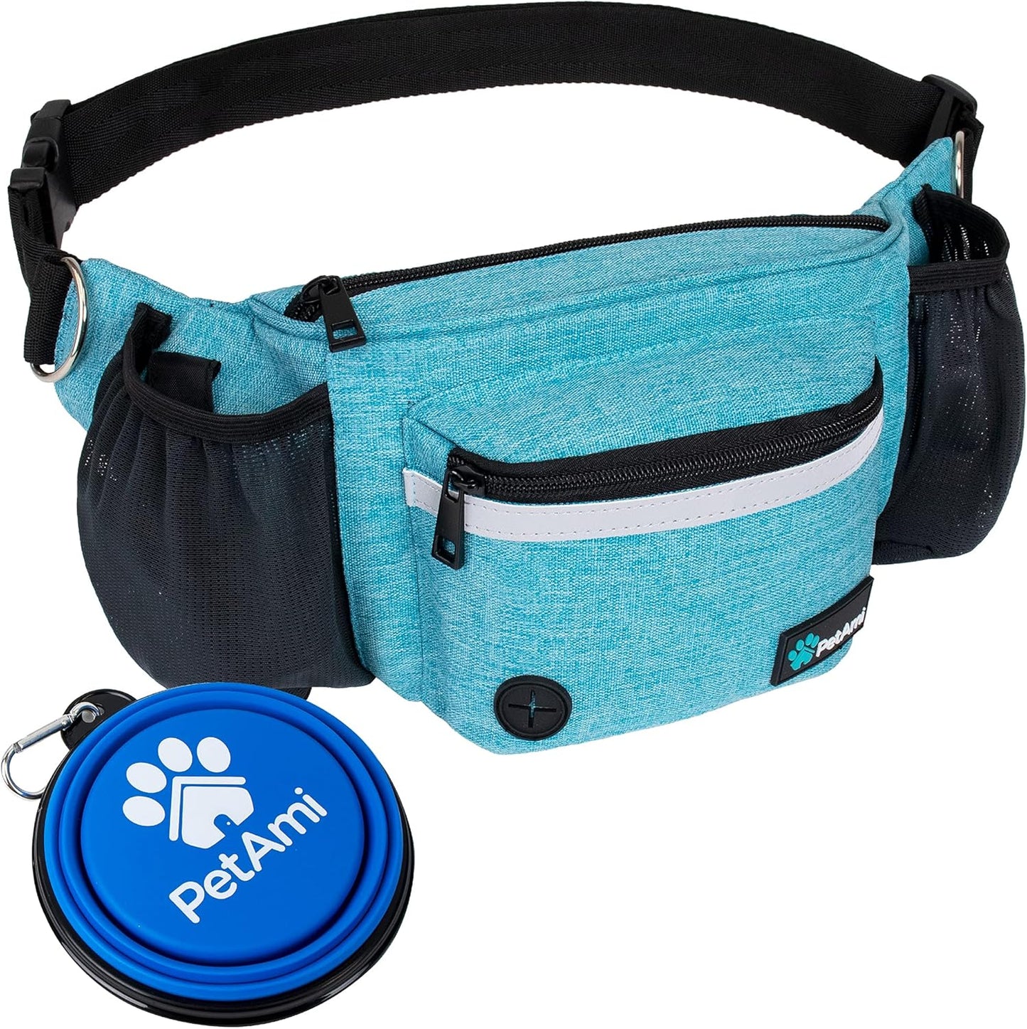 PetAmi Dog Fanny Pack, Treat Pouch for Dog Walking, Training, Built in Poop Bag Dispenser, Water Bottle Holder, Collapsible Bowl, Pet Treat Waist Belt for Hiking, Running, Kibbles (Turquoise)
