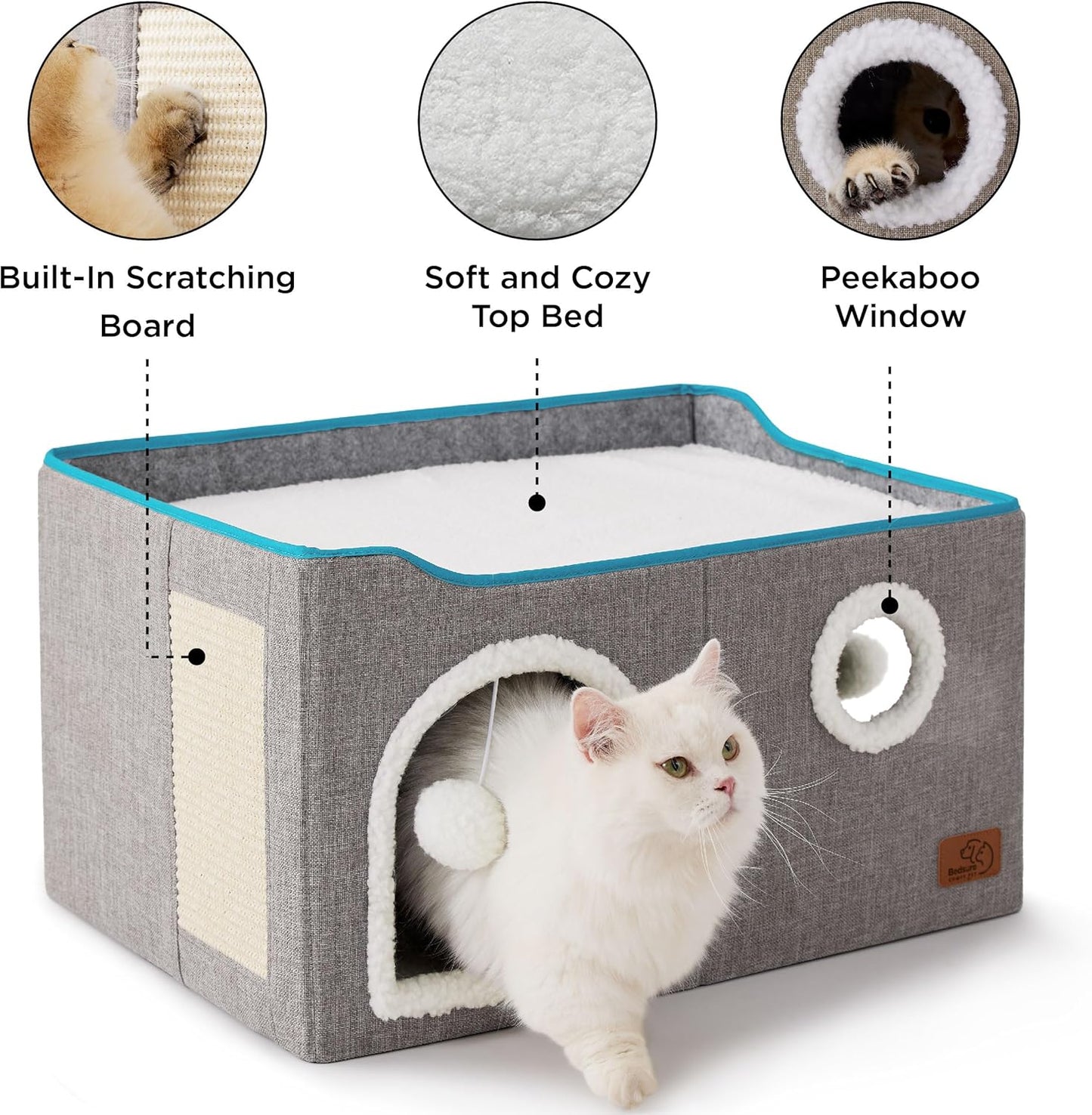 Bedsure Large Cat Beds for Indoor Cats - Extra Wide Cat Cube House for Small Pet with Fluffy Ball Hanging and Scratch Pad, Foldable Pet Cave Hideaway for Multiple Cats, 23.6x16.9x13 inches, Grey