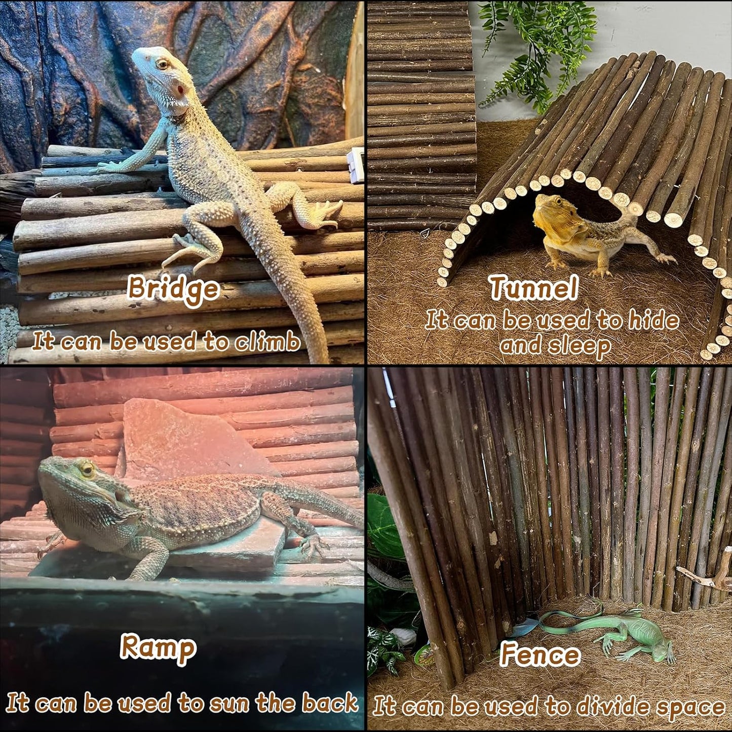 BNOSDM 2PCS Reptile Hideout Wooden Bridge 12.99"x 18.89" Lizard Hide Caves Bearded Dragon Habitat Accessories for Gecko Snake Frog Chameleon Iguana Tortoise