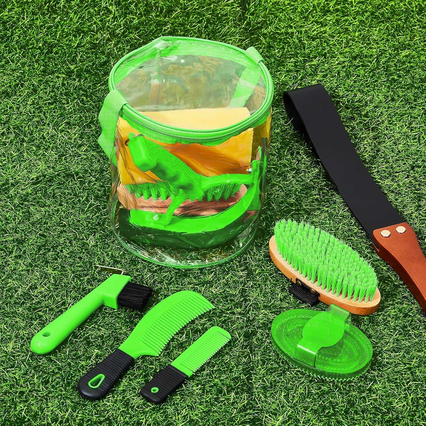 9 Pieces Horse Grooming Kit Tack Room Supplies Set with Organizer Tote Bag, Oval Massage Curry, Hard and Soft Brush, Hoof Pick, Sweat Scraper, Bathing Sponge, Combs for Horse Riders Beginners (Green)