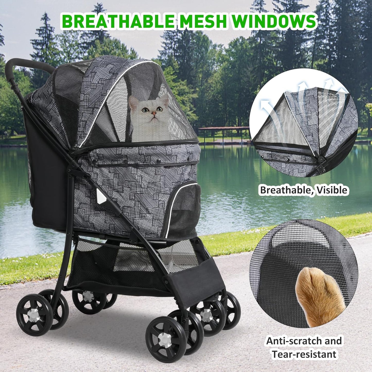 Lightweight Pet Stroller for Small/Medium Dogs and Cats - Foldable Travel Carriage with Storage Basket, Breathable Mesh & 4 Wheels - Up to 33 lbs – Black