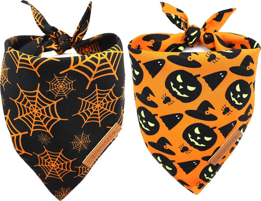 Realeaf Halloween Dog Bandanas 2 Pack, Pumpkin and Spider Web Bibs, Triangle Reversible Fall Pet Scarf, Premium Durable Fabric, Adjustable Fit (Small)