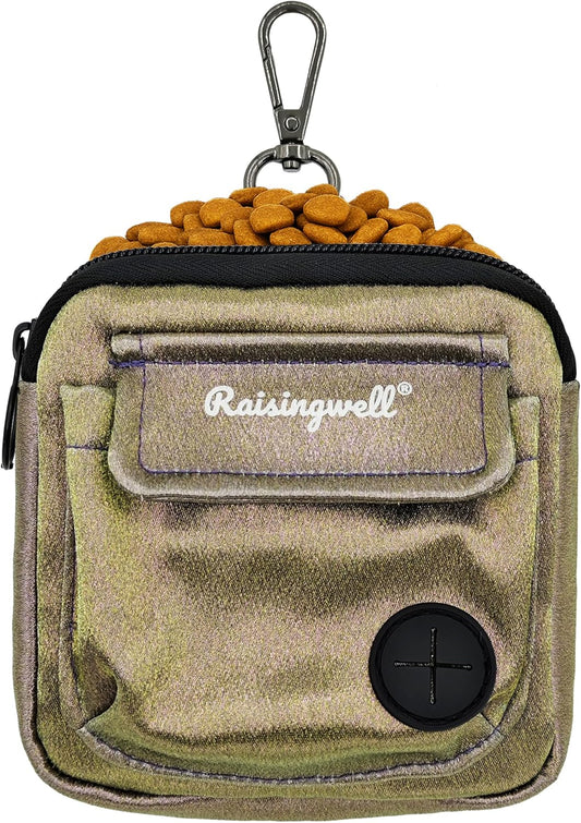 Dog Treat Pouch for Pet Walking and Training with Clicker Poop Bags and Double Bag Design Small Fanny Zipper Pack Holder for Puppy Snack Dispenser Kit for Leash and Outdoor Use (NM-Bronze