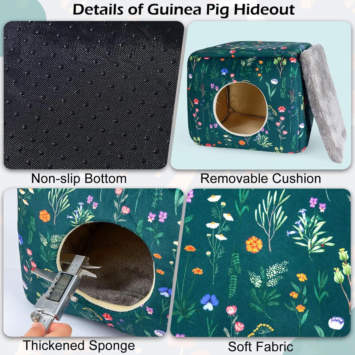 Bienbee Guinea Pig Hideout, Washable Guinea Pigs House Cozy Guinea Pigs Bed for Small Pet Bunny/Rabbit/Hamster/Chinchilla Guinea Pig Accessories Green Flowers