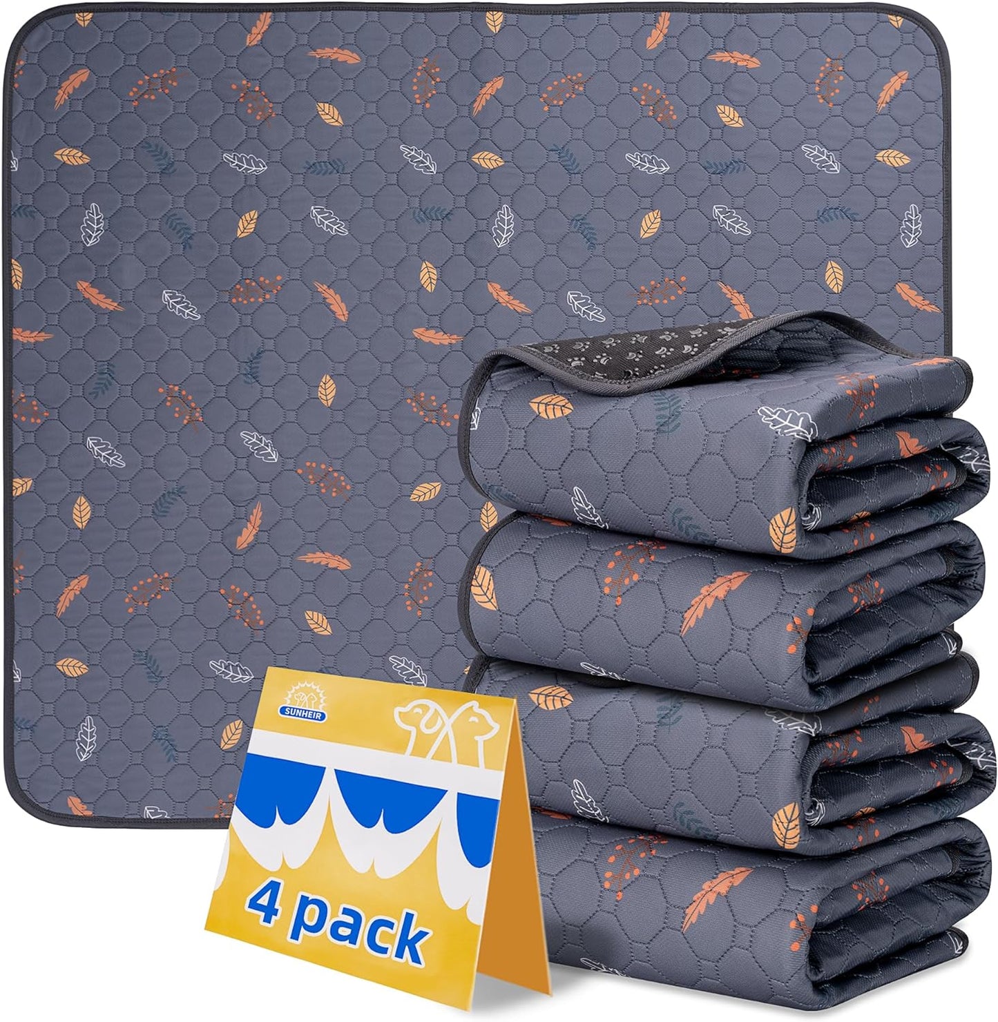 Sunheir Washable Pee Pads for Dogs 4-Pack Reusable Puppy Pads Pet Training Pads, Waterproof Dog Pee Pads for Crate, Whelping Pad, Non-Slip Protects Against Urine Leakage (Leaves - Deep Grey, 18x24)